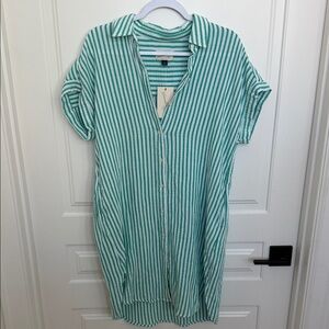 Green and White Striped Button-Front Dress-cute Beach Cover Up Option